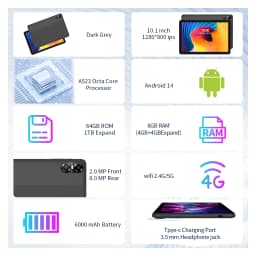 10.1" Android Tablet with Octa-core Processor 16GB(4+12GB Virtual) RAM 64GB ROM HD IPS Touchscreen, Wi-Fi 6, BT 5.0, Dual Camera