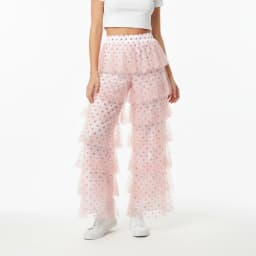 Combhasaki Women's Shiny Sequins Tulle Ruffle Layered Lace Pants Dot Print Y2k Elastic High Waist Tiered Loose Wide Leg Trousers