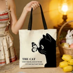 1pc Black Cat & Coffee Canvas Tote Bag – Cute Playful Kitten Print with Latte & Bean Patterns, Eco-Friendly Boho Shoulder Bag fo