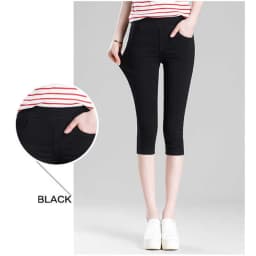 Women Stretchy Capris Pants Elastic Waist Comfy Skinny Cropped Jeans Pants Button Front Casual Breathable