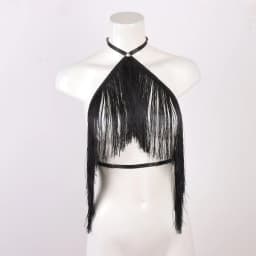 UYEE 2PCS Women's Black Halter Top with Tassel Detail Adjustable Elastic Harness Casual All-Season Wear Belt Set
