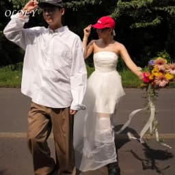 OLOEY Simple Wedding Party Dress Strapless A-Line Draped Illusion White Tulle Korea Photo Shoot Bridal Gown Custom 웨딩드레스