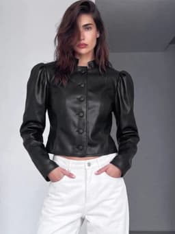 Fashion Solid Faux Leather Women's Jacket Stand Collar Button Short Loose Puff Long Sleeves Coat Chic 2026 Autumn New Daily Wear