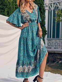 Elegant Casual Long Dress Boho Print Design Short Sleeve V Neck Summer Dress For Women 2024 Fashion