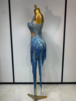Sparkly Blue Rhinestone Tassel Mesh See Through Dress Pole Dancer Singer Outfit Women Sexy Evening Party Club Stage Costume