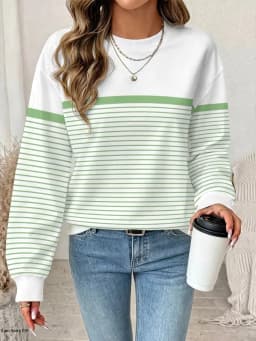 Women's Long Sleeved Round Neck Daily Casual Versatile Pullover Tops 3D Striped Splicing Regular Sweatshirt