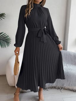 Solid Stand up Collar Bridesmaid Dress Spring Summer Casual Elegant Long Sleeve Waist Cinched Pleated Long Dresses for Women
