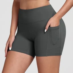 CHRLEISURE Women Solid Yoga Shorts with 3 Pockets High Waist Butt Lifting Workout Tights Gym Elastic Cycling Shorts Activewear