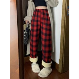 Afashion Lamb Velvet Fleece Lined Thick Plaid Casual Pants Women's Autumn Winter Loose Straight Leg Wide Leg Cotton Sleepwear Tr