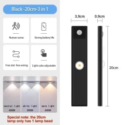 20-50cm LED Under Cabinet Lights Motion Sensor Night Light Ultra Thin Dimmable 3Color USB Rechargeable for Wardrobe Indoor