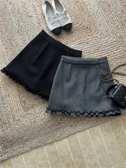 Grey A-Line Skirt with Lace Splicing Design Casual Style High Waist Woolen Material Spring Slimming Versatile Short Skirt