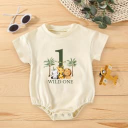 Wild One Animal Printed Short Sleeve Bubble Romper Newborn Oversized Jumpsuit Infant Birthday Party Clothes Baby Shower Bodysuit