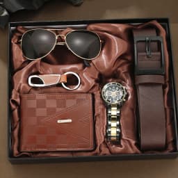 2026 New 5pcs Watch Set for Men in Gift Box Belt Wallet Hair Trimmer Keychain Sunglasses Men’s Watch Gift Box Set Gifts for Him