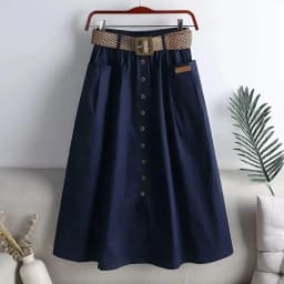 2025 Spring Summer Women Washed Cotton Elastic High-waist Skirt Pocket Belt Solid Long A-line Skirts Split Hem All-match Skirts