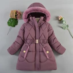 2024 New Winter Keep Warm Girls Jacket Waist Belt Design Detachable Hat Lining Plush Hooded Heavy Coat For Kids
