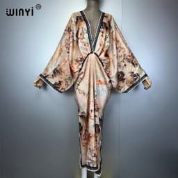 WINYI Bohemian Summer Beach Dress High Quality Double Sided Boho Printing Elegant Silk Maxi Dress Women Evening Party Kaftan