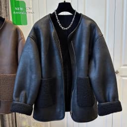 Women's Super Cute Zipper Fur Patchwork One-piece Round Neck Coat Top Warm Casual Winter Best Seller Coats and Jackets Women