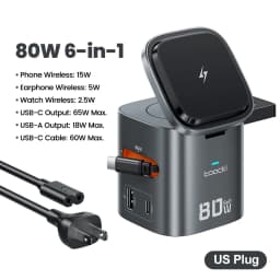 Toocki 80W 6-in-1 GaN Charging Station Type C PD 65W Retractable Fast Charger Wireless Adapter For iPhone 16 17 iWatch AirPods