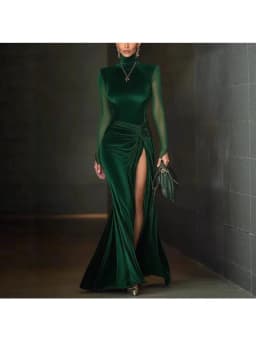 Elegant Party Evening Maxi Dress for Women's Split Hem Knot Ruched Mesh Velvet Splice Turtleneck Long Sleeve Cocktail Dress
