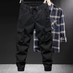 Male Drawstring Elastic Waist Cargo Jogger Pants Loose Multi‑Pocket Solid Color Trousers Outdoor Casual Long Pants Spring Autumn