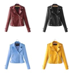 Slim Fit Motorcycle Pure Color Leather Jacket Short Outerwear Women's Korean Style Fashionable Autumn Winter Coat