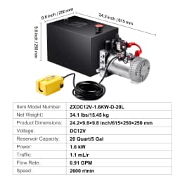 SucceBuy Hydraulic Pump 15 Quart Hydraulic Power Unit Double Acting Dump Trailer Pump, 0.91GPM Flow Rate DC 12V Hydraulic Pump
