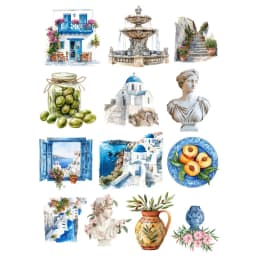 13pcs Watercolor Greek Landscape Stickers Hand Account Diary Album Mobile Phone Notebook Decoration Paste Crayon Line Stationery