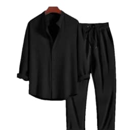 Two Pieces Single Breasted Shirts Men Sets Blouses Solid Drawstring Straight Ankle Length Pants Casual Sports Loose Pockets