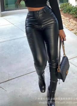 Women's New Elastic Small Leg PU Leather Pants Series Black Mesh Lace Pu Sexy Women Trousers 2025 New Fashion Pants M4MG