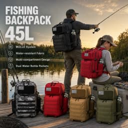 45L Large Capacity Tactical Fishing Backpack Angling Rucksack with Dual Water Bottle Cup Holders Outdoor Camping Fishing Tackle Storage Backpack for Sea Fishing Bank Fishing Hiking Trekking Travel Sports EDC Daily Carry Outdoor Fisherman Gear Bag