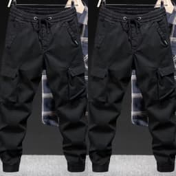 Male Drawstring Elastic Waist Cargo Jogger Pants Loose Multi‑Pocket Solid Color Trousers Outdoor Casual Long Pants Spring Autumn