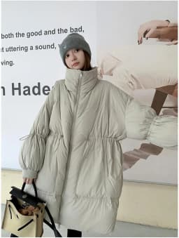 LANMREM Drawstring Waist Slimming Design Women's Long Down Jacket Lapel Loose Oversized Long Sleeve Grey Warm Jackets 2DB5955