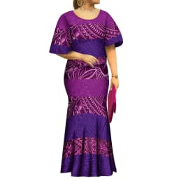 2022 New Samoan Puletasi Set Monstera Leaf Print Bat Sleeve Ptaha Blue Polynesian Top Maxi Fishtail Skirt Womens 2 Piece Set