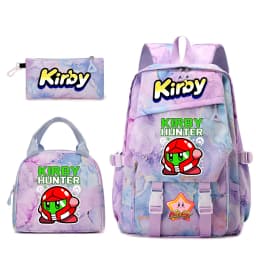 Kirby Cartoon Print Student Backpack Set for Girls with Lunch Bag and Pencil Case School Bookbag Lightweight Daypack