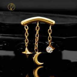 Right Grand ASTM F136 Titanium Hidden Helix Chain Earring 16G Dainty Star Moon CZ Dangle Cartilage Stud Piercing Jewelry