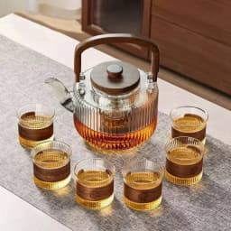 Large Capacity 1300ml Stripe Pattern Glass Teapot Wooden Beam Tea Kettle Brewing Puer Teapot Herbal Health Flower Tea Maker
