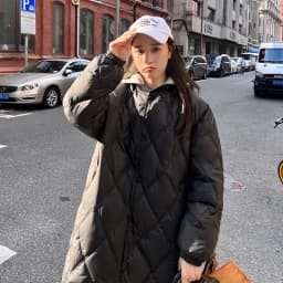 Women's Mid-Length Lightweight down Cotton Jacket Diamond Pattern Knitted Coat Winter Warm Casual Style Standard Size