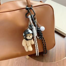 Cute Helmet Bear Pendant DIY Personality Car Key Chain Decoration Charm Woven Rope Hanging Mobile Phone Key Ring Bag Accessories