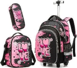 Bunnyfly Boys Rolling Backpack with Lunch Bag And Pencil Case - Wheeled Travel Trolley School Bag Stylish And Functional for Tra