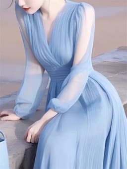 Elegant V-Neck Solid Color Loose Ruffles Long Dress Women's Clothing 2026 Summer New Long Sleeves Blue Chiffon Lady Party Dress