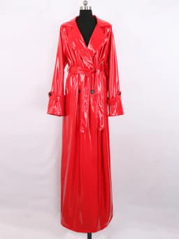 Nerazzurri Autumn Extra Long Soft Red Reflective Shiny Patent Leather Trench Coat for Women Double Breasted Maxi Korean Fashion