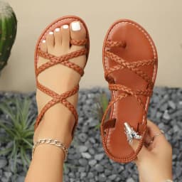 New 2026 Women's Flat Bottom Roman Cross Woven Sandals Comfortable Rubber Sole Breathable PU Upper Slingbacks Shoes
