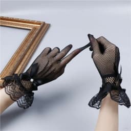 New 1pair Bride Stretchy Fishnet Lace Gloves Five-finger Hollowout Gloves with Lace Bow Tie Pearls Lolita Gloves Wedding