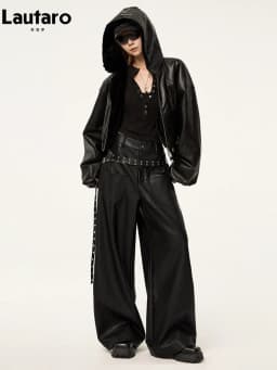 Lautaro Spring Autumn Cool Warm Thick Oversized Black Short Reversible Soft Pu Leather Jacket Hoodie Women with Faux Fur Inside