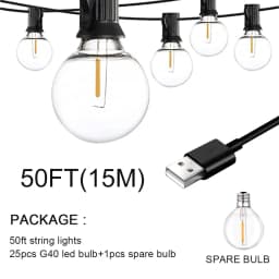 100/50/25ft USB LED Lights 5V 1W G40 Plastic Bulb Outdoor Waterproof Tent Fairy Patio Festoon String Light Wedding Decor