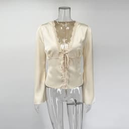 Tuularose Elegant Summer Tops Women's Fashion Solid V-Neck Lace-Up Long Sleeve Tops New Chic Casual Office Lady Women's T-Shirts