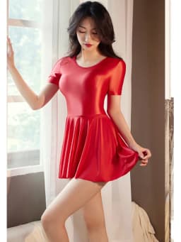 Sexy OIl Glossy Shiny Elastic Pleated Micro MINI Dress Satin Smooth Tights Ruffled Dress Uniform Maid Stage Wear Candy Color