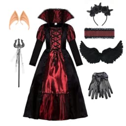Vampire Queen Cosplay Costume Medieval Gothic Black Red Long Dress With Lace Collar Girls Halloween Party Role Play Fancy Outfit