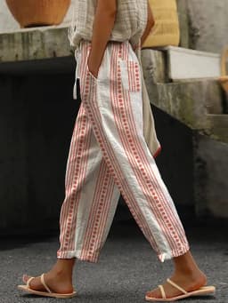 2025 New Women's Trousers Vertical Striped Drawstring Elastic Waist Pocket Fashion Street Versatile Casual Pants