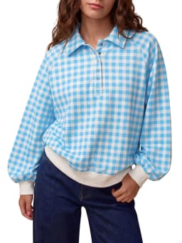 2026 Women Black White Gingham Blouse Lapel Collar Half Button Lantern Long Sleeve Loose Casual Plaid Shirt Tops